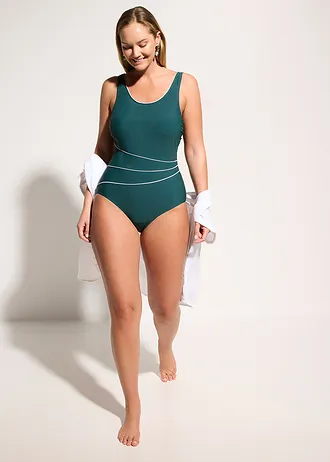 Costum de baie cu efect modelator ușor, cusături ornamentale • verde-petrol-alb • magazin bonprix