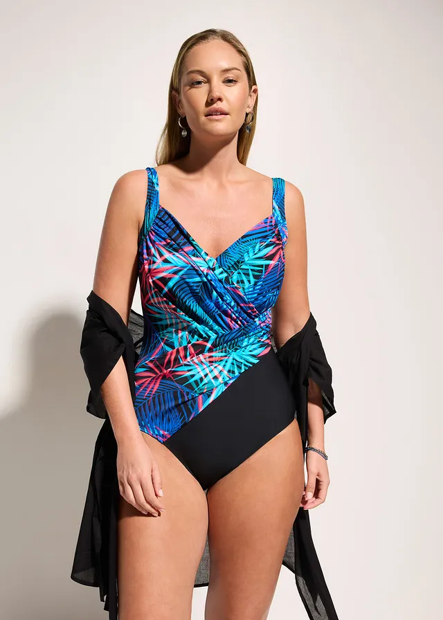 Maillot 1 pièce sculptant croisé, maintien léger, Couleur: noir-bleu-rose vif floral