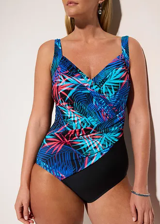 Maillot 1 pièce sculptant croisé, maintien léger • noir-bleu-rose vif floral • Boutique bonprix