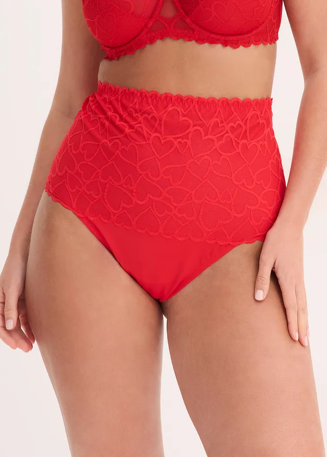 Corrigerende string, medium corrigerend met hartjes kant, Kleur: salsarood
