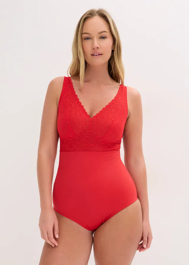 Body sculptant avec dentelle cœurs, maintien modéré, Couleur: rouge salsa
