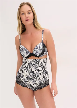 Tailleslip met kant, medium corrigerend, Kleur: zwart-natuurbeige gebloemd