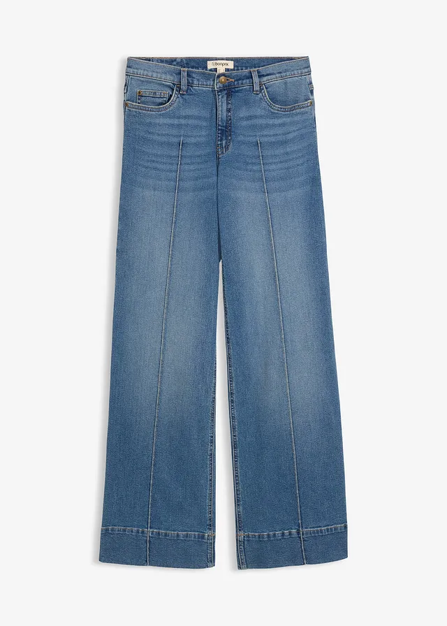 Jean large taille mi-haute, long, Couleur: bleu moyen denim