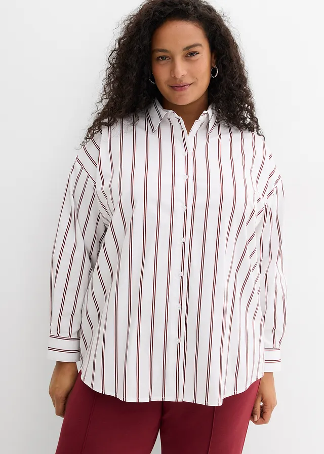 Chemisier long, Couleur: blanc-rouge rubis rayé
