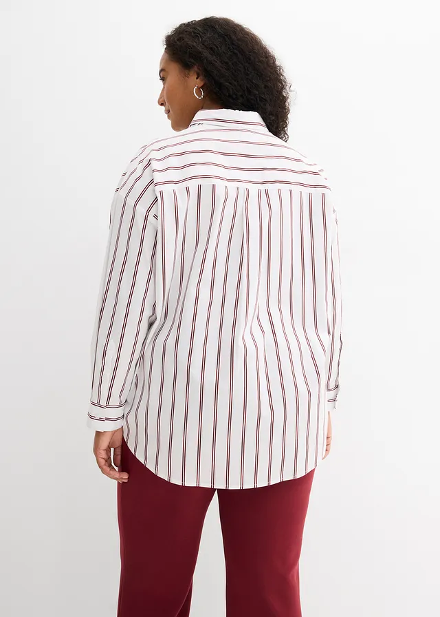Chemisier long, Couleur: blanc-rouge rubis rayé