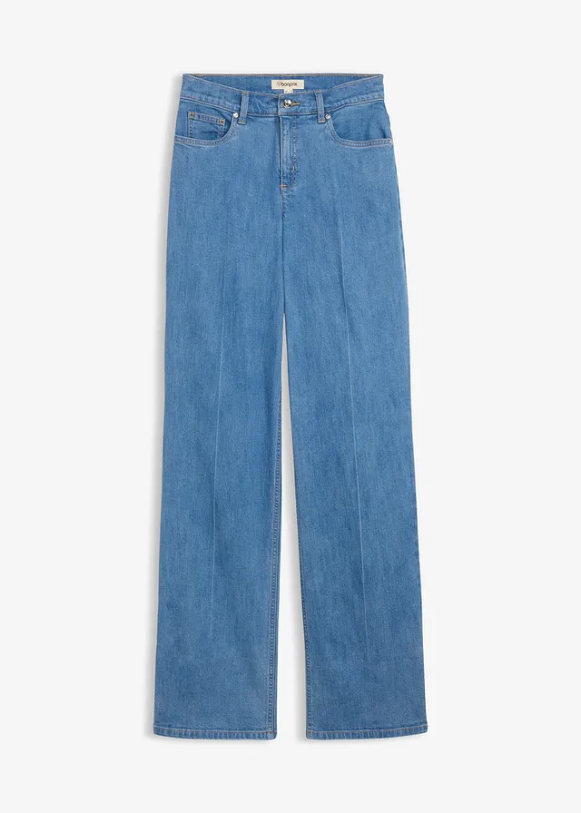 Jean droit loose taille mi-haute, long, Couleur: bleu clair denim