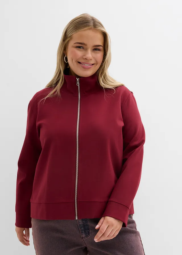 Sweat zippé en Punto di Roma confortable, Couleur: rouge rubis-blanc