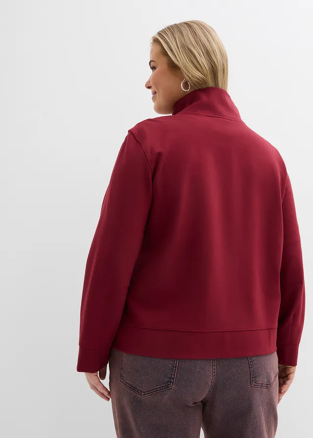 Sweat zippé en Punto di Roma confortable, Couleur: rouge rubis-blanc