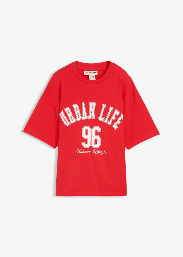 Bluză oversize • roșu-căpșună cu imprimeu • magazin bonprix