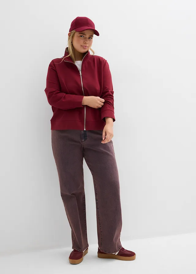 Sweat zippé en Punto di Roma confortable, Couleur: rouge rubis-blanc