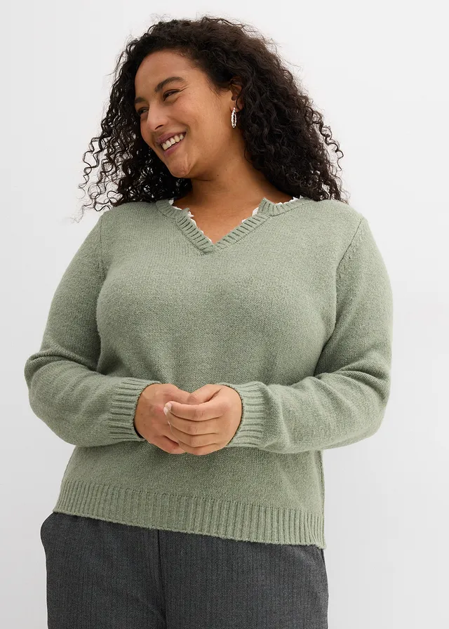 Pull à empiècement dentelle, Couleur: olive
