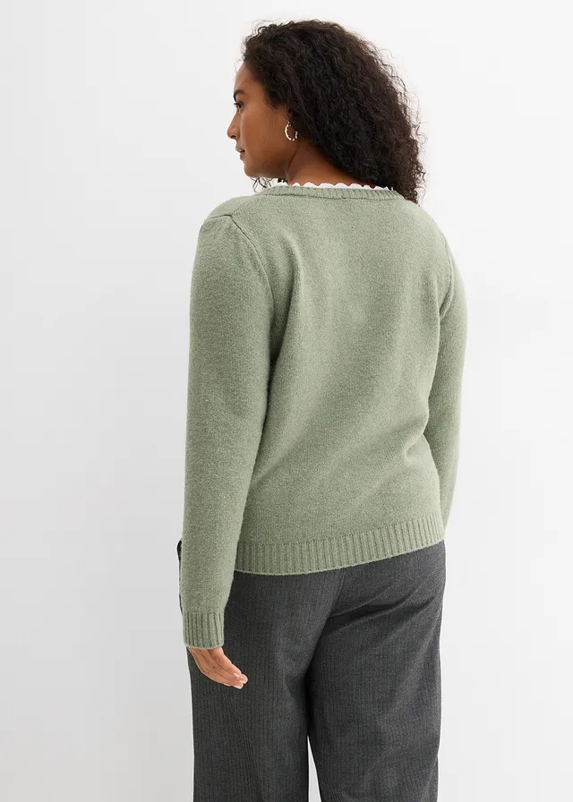 Trui met kanten inzet, Kleur: olijfgroen