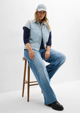 Wide Leg farmer High Waist, kényelmes derékpánttal, Full Length, szín: középkék denim, használt hatású