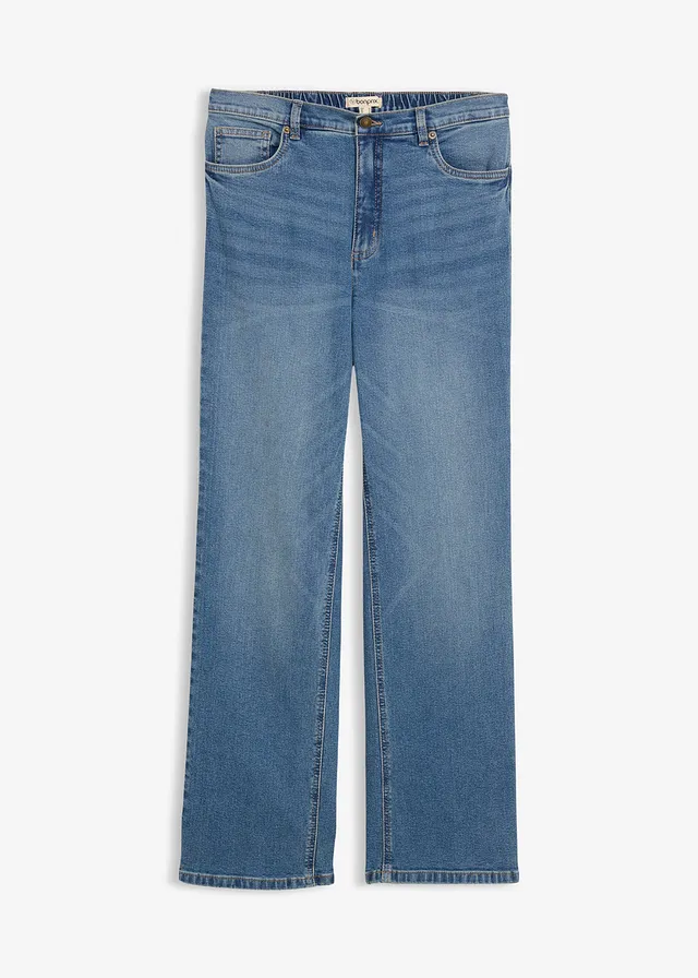 Jean large et droit, taille haute, Couleur: bleu moyen denim used