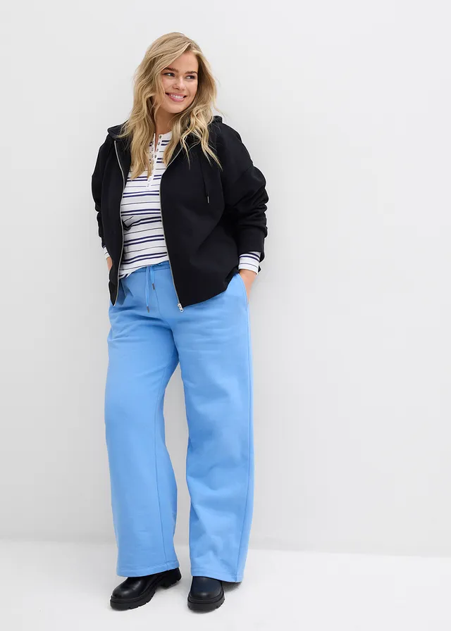 Jogging taille haute 100% coton, Couleur: bleu moyen