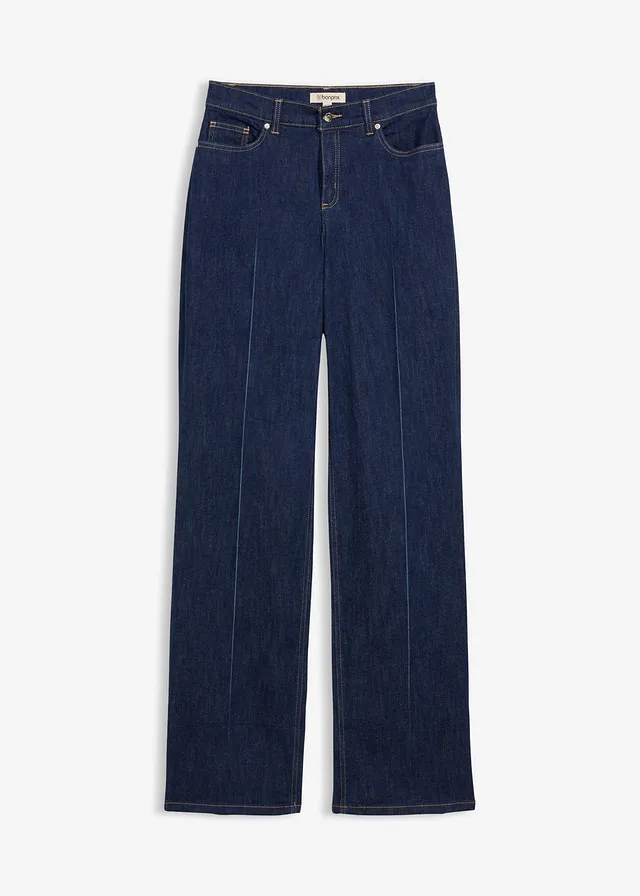 Loose Straight farmer, Mid Waist • sötétkék denim, használt hatású • bonprix áruház