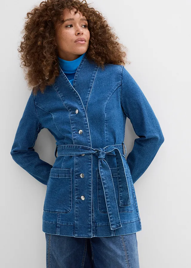 Džínsová bunda s opaskom, s bavlnou • modrá denim • obchod bonprix