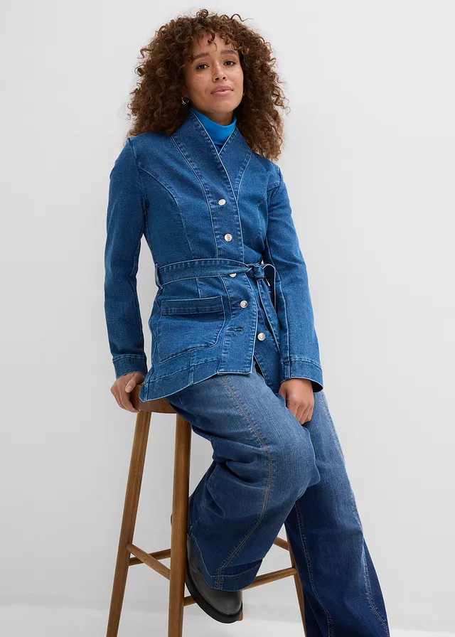 Džínsová bunda s opaskom, s bavlnou • modrá denim • obchod bonprix