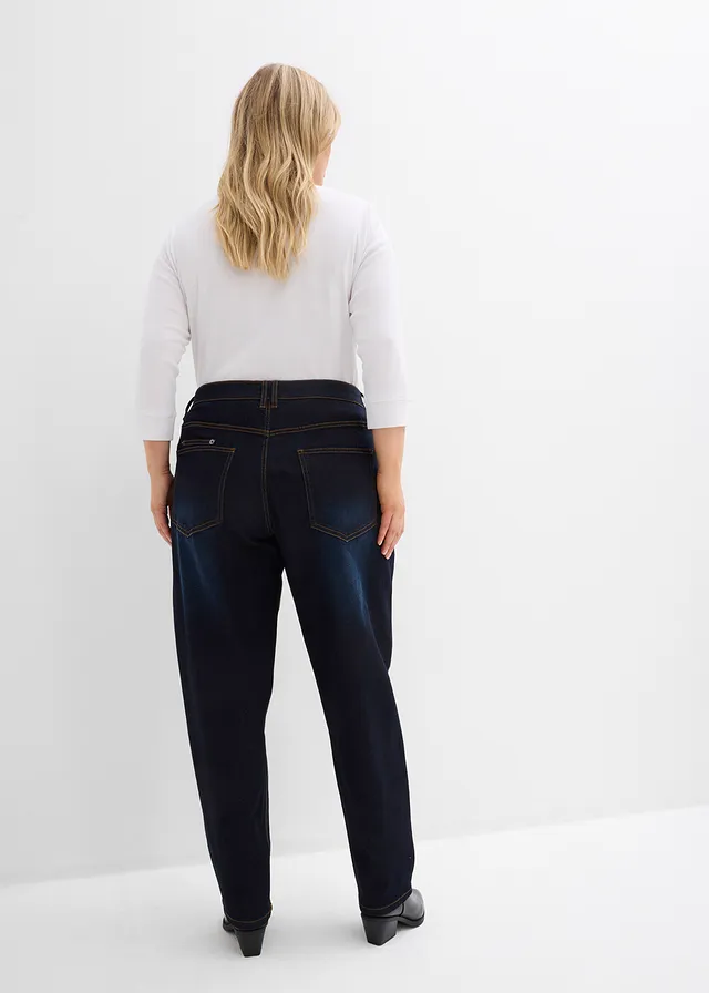 Jean Barrel, taille mi-haute, extensible, Couleur: bleu foncé denim used