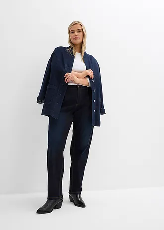 Jean Barrel, taille mi-haute, extensible, Couleur: bleu foncé denim used