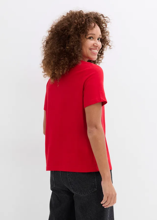 T-shirt van katoen • rood-wit met print • product-page.page-title-suffix