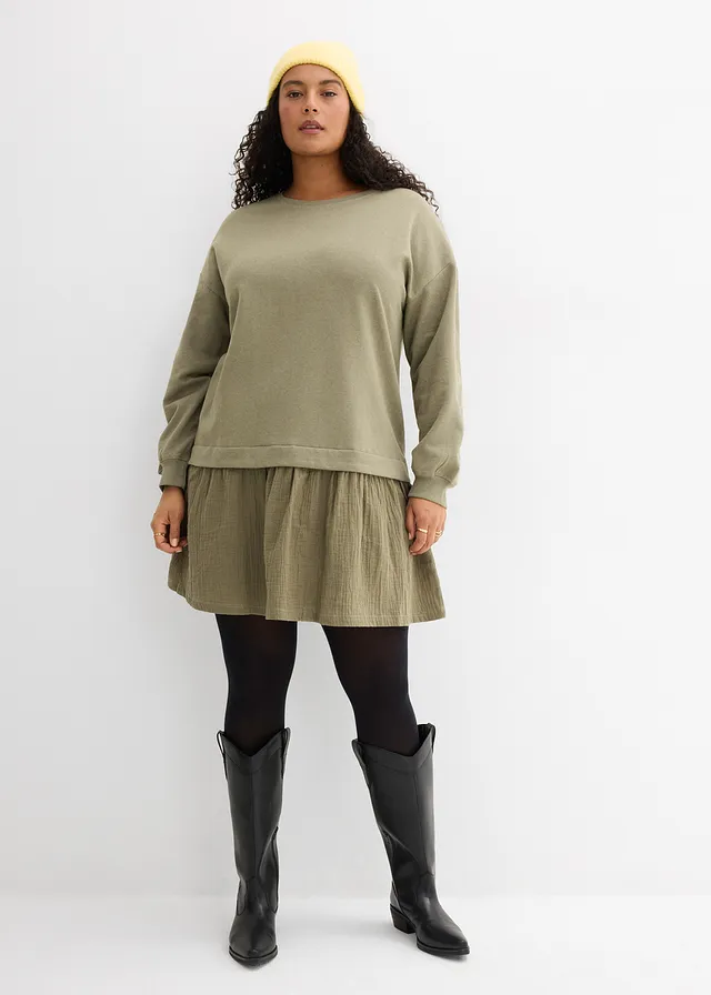 Robe sweat avec jupe tissée, Couleur: olive