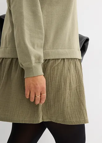 Robe sweat avec jupe tissée, Couleur: olive