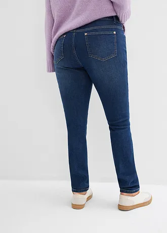 Skinny jeans mid waist, biologisch katoen, Kleur: donkerblauw denim used