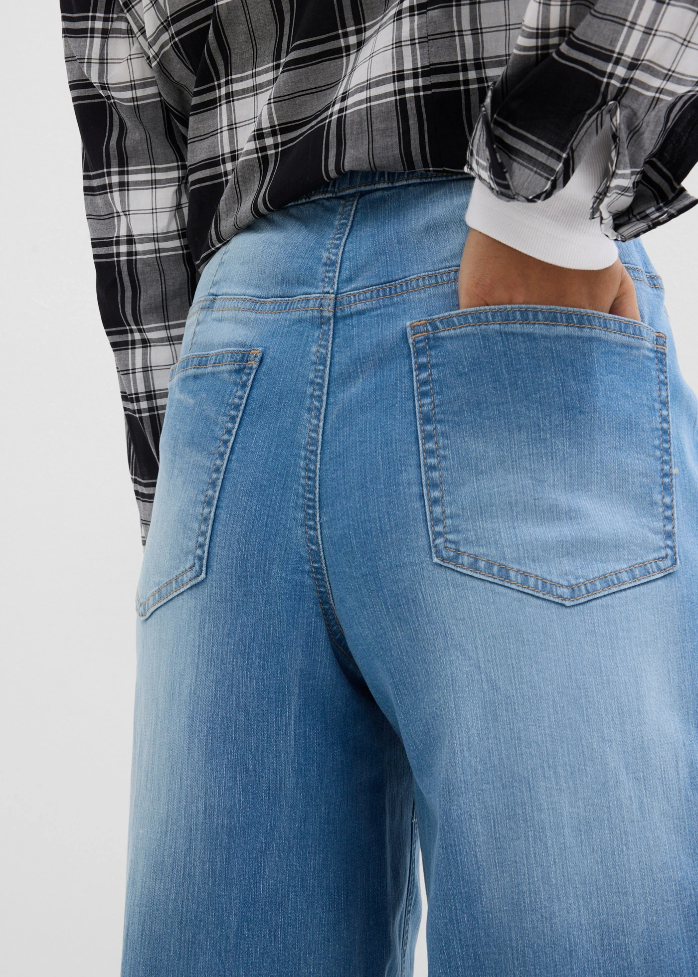 Wide Leg farmer High Waist, kényelmes derékpánttal, Full Length • középkék denim, használt hatású • bonprix áruház