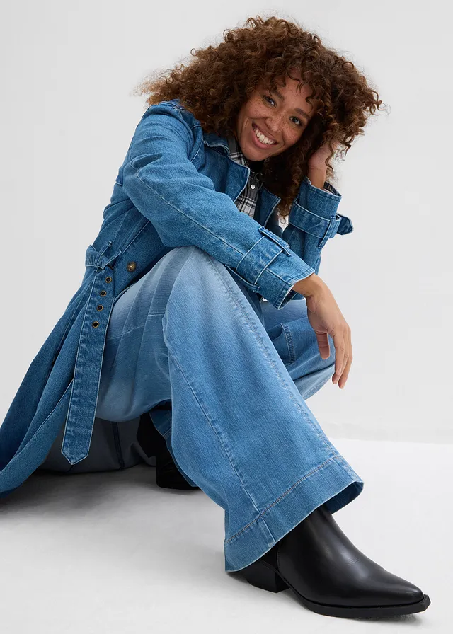 Wide Leg farmer High Waist, kényelmes derékpánttal, Full Length középkék denim, használt hatású