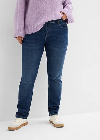 Skinny jeans mid waist, biologisch katoen, Kleur: donkerblauw denim used