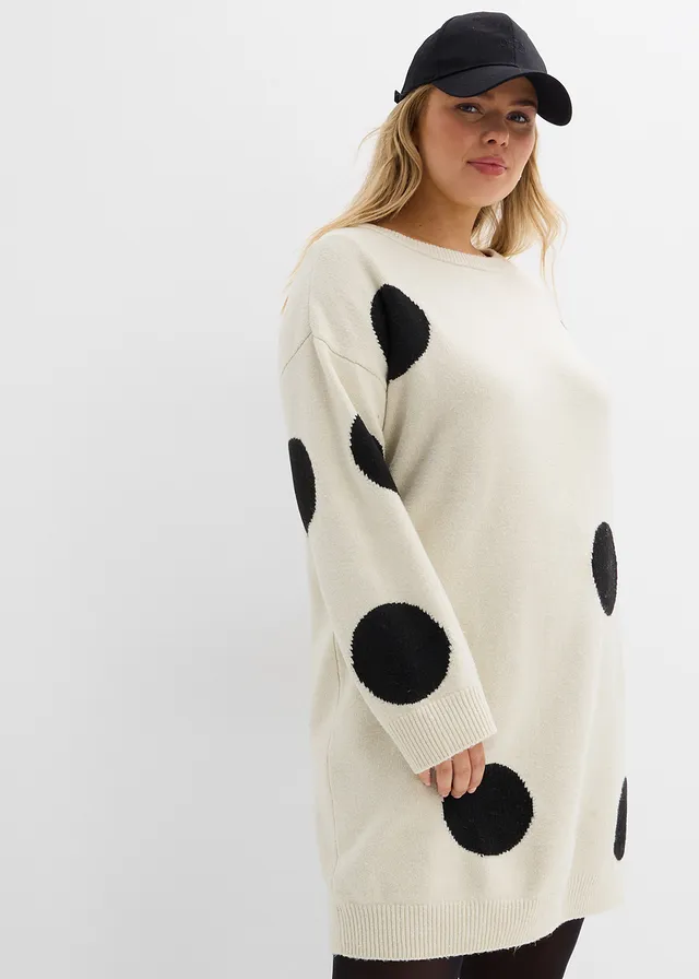 Oversized gebreide jurk met stippen, Kleur: écru-zwart gestippeld
