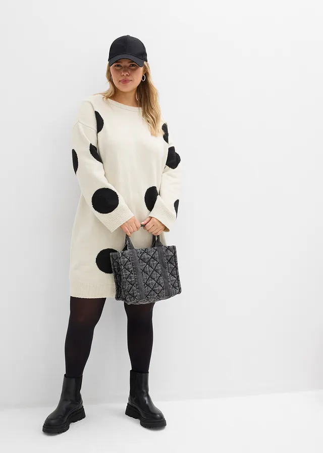 Oversized gebreide jurk met stippen, Kleur: écru-zwart gestippeld