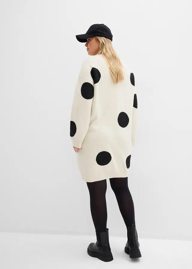 Oversized gebreide jurk met stippen, Kleur: écru-zwart gestippeld