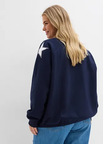 Bluză casual oversize din material moale cu bumbac, culoare: bleumarin- alb, cu imprimeu