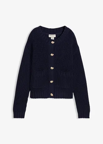 Gilet en grosse maille avec boutons martelés, Couleur: bleu foncé