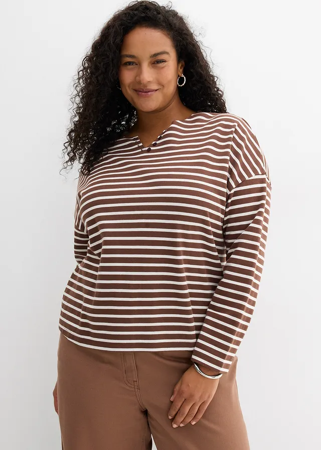 Sweat-shirt, Couleur: blanc nacré-marron rayé
