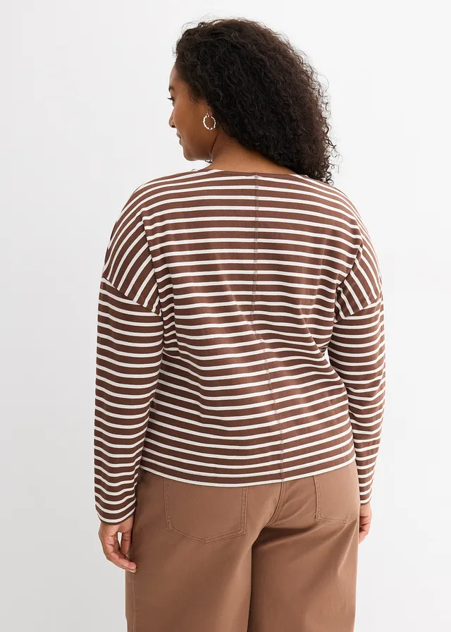 Sweat-shirt, Couleur: blanc nacré-marron rayé