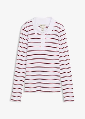 Geribd poloshirt, Kleur: wit-robijnrood horizontaal gestreept