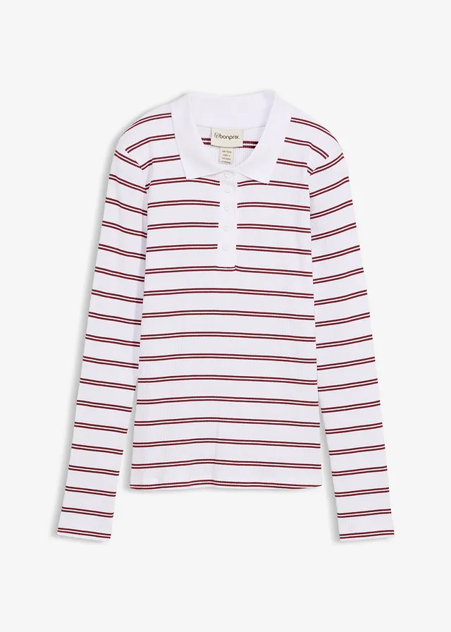 Bluză polo din material ripsat • alb-roșu-rubiniu cu dungi orizontale • magazin bonprix