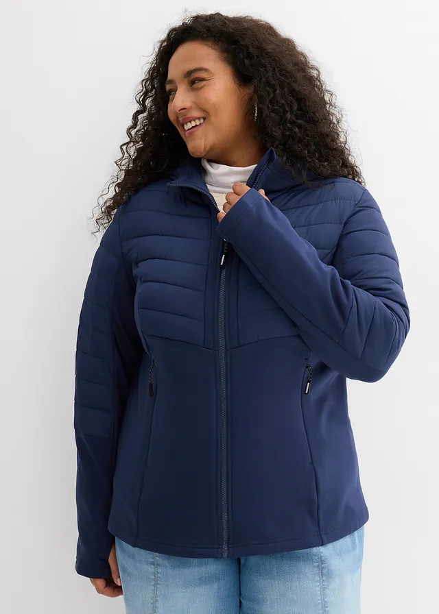 Veste matelassée déperlante avec softshell, Couleur: bleu foncé