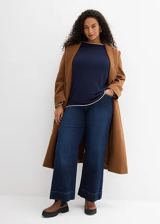 Pull en fine maille de coton mélangé, Couleur: bleu foncé-sable clair