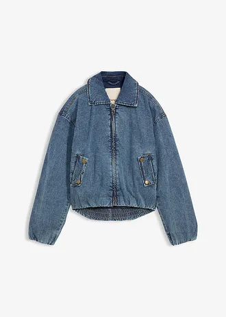 Veste chaude en jean, raccourcie, Couleur: bleu moyen denim used