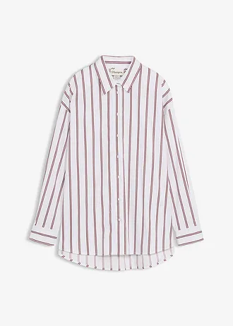 Chemisier long, Couleur: blanc-rouge rubis rayé