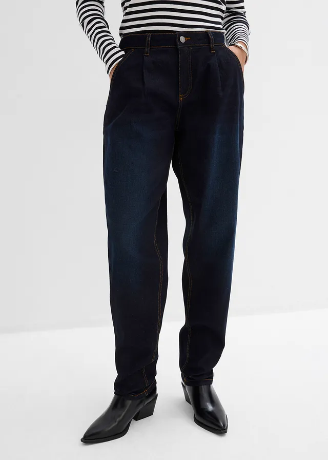 Barrel stretch jeans, mid waist, Kleur: donkerblauw denim used