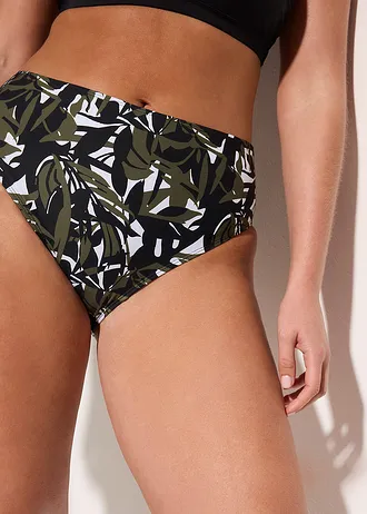 Stahovací bikinové kalhotky s vysokým pasem a lehkým tvarujícím efektem (2 ks v balení) • černá + přírodní bílo-černo-olivová s potiskem • bonprix obchod