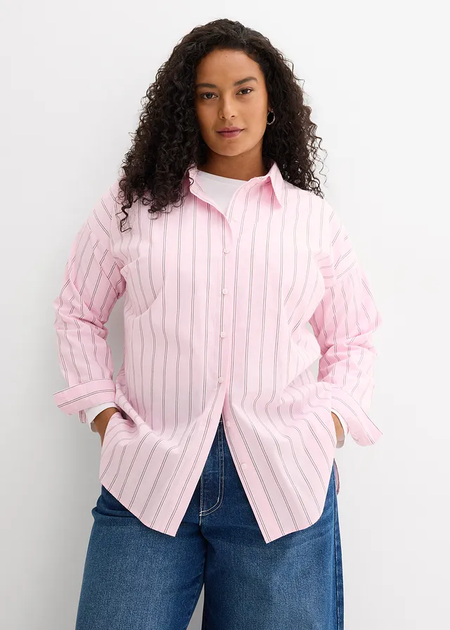 Chemise oversize 100% coton, Couleur: rose cristal rayé