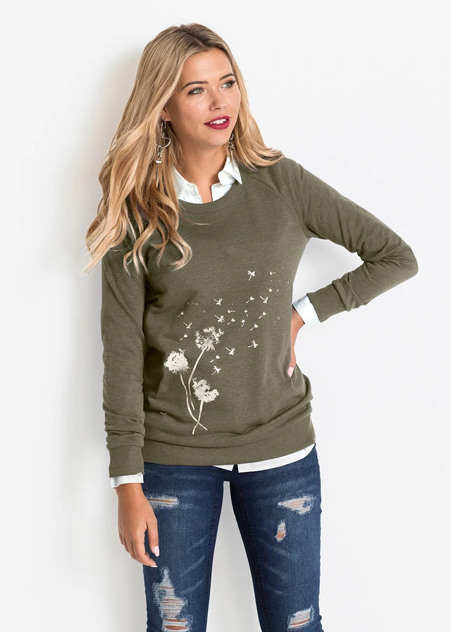 Sweat-shirt, Couleur: olive foncé chiné