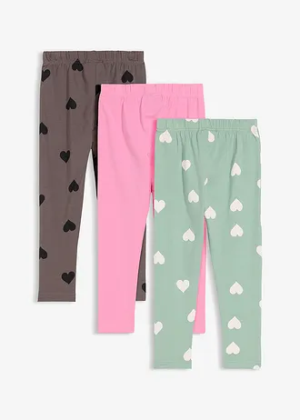 Legging in een elastische katoenmix (set van 3) • antraciet+bloesempink+pastelgroen met print • bonprix online shop
