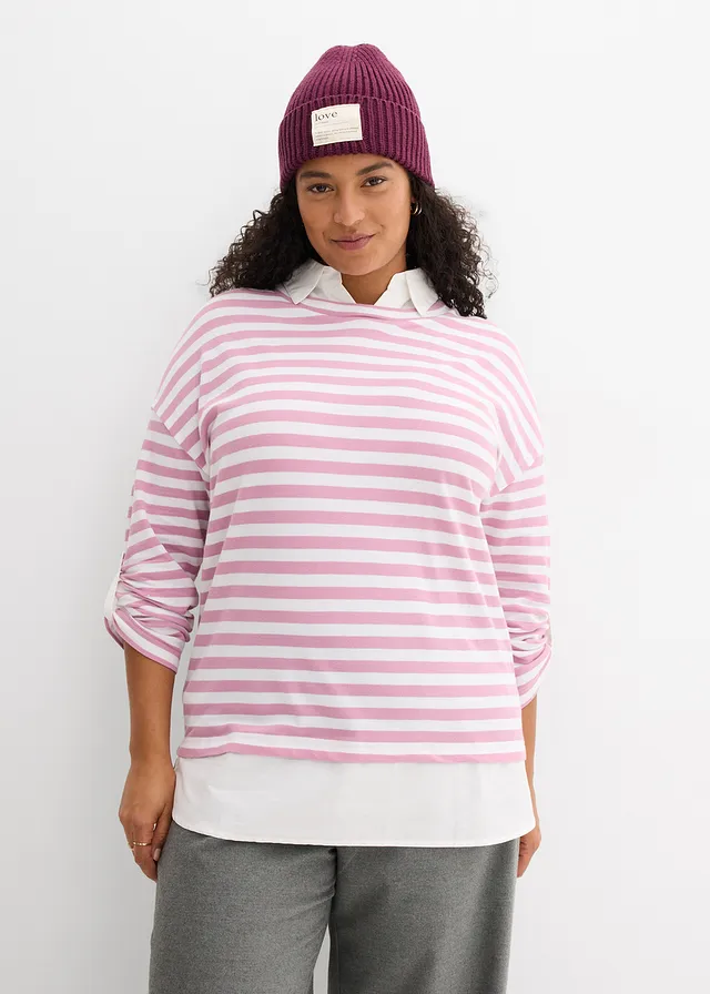 Sweat-chemise 2en1, Couleur: mauve-blanc rayé